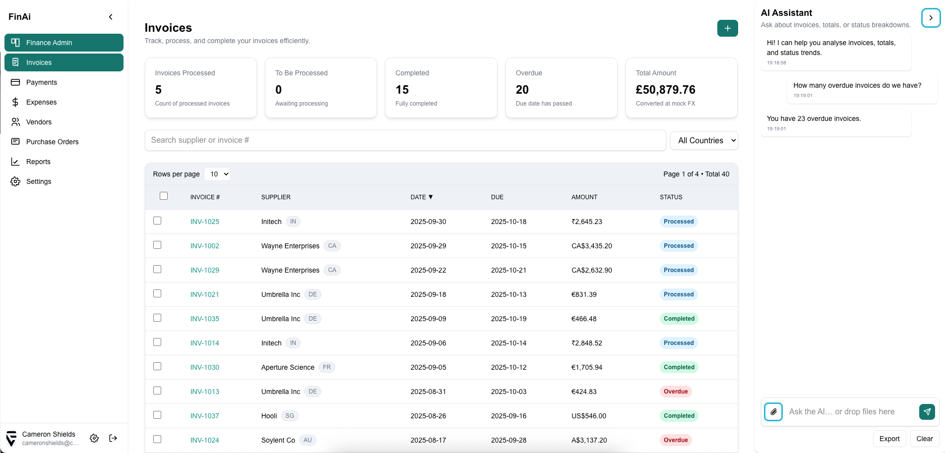 FinAI: Smart Invoice & Finance Dashboard